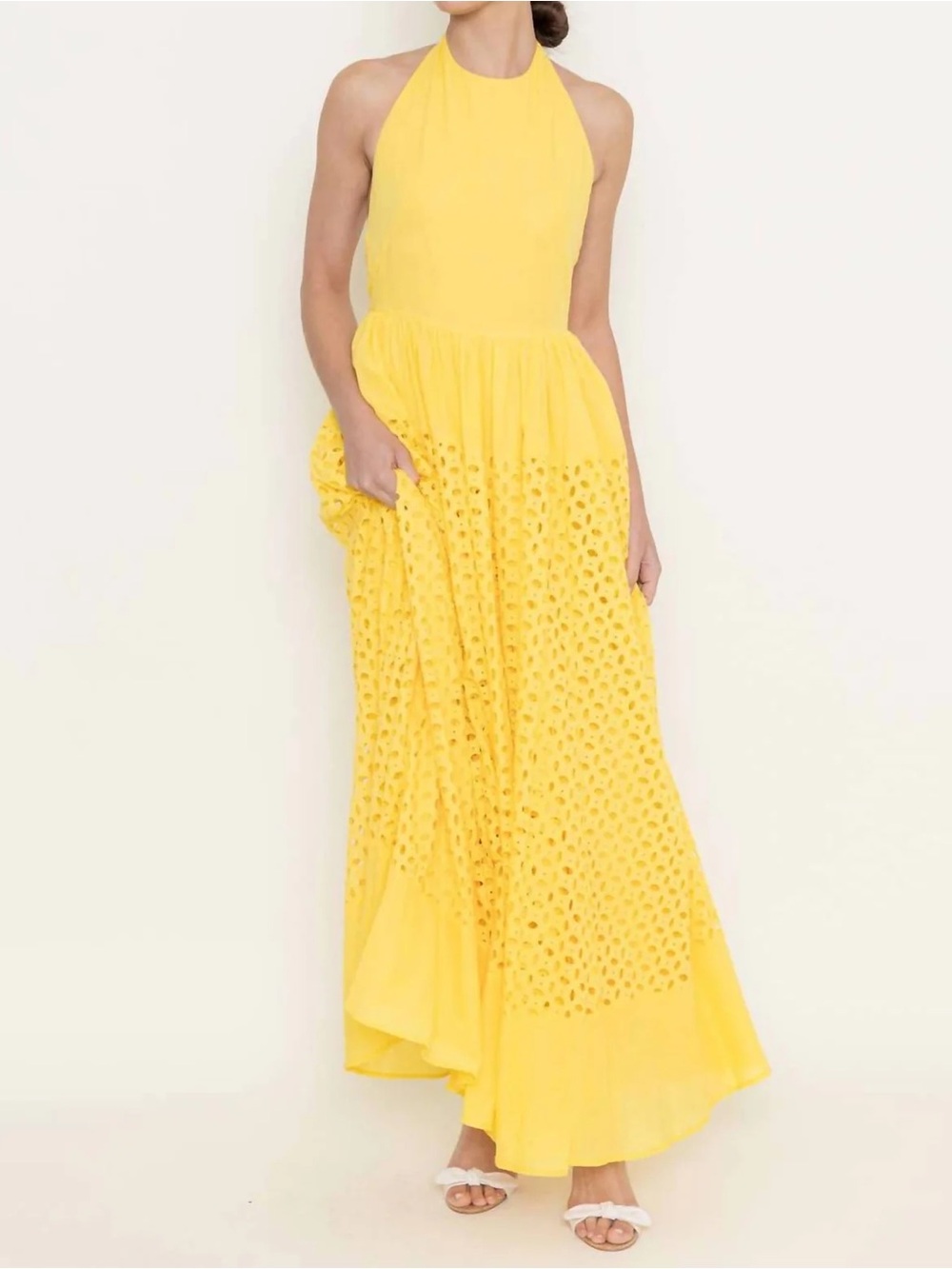 Fore Resort Yellow Halter Eyelet Maxi Dress Size Medium